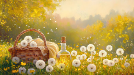 Peaceful field scene with a wicker basket, dandelions, and glass bottle, all bathed in soft springtime sunlightの素材
