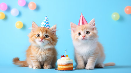 Side-by-side cats in party caps with a small cake between them, celebrating against a vivid blue settingの素材
