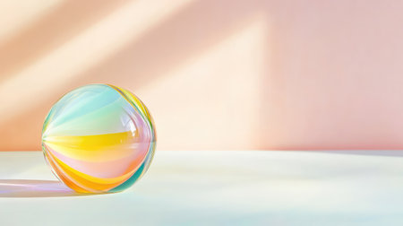 Transparent glass marble glowing with internal color patterns, resting still on a plain white surfaceの素材