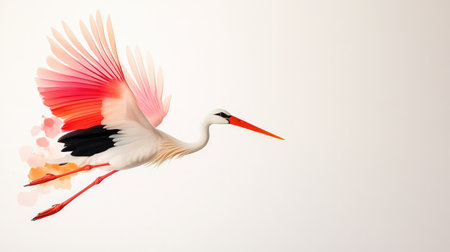 Stunning capture of a stork launching into air, each feather finely detailed against a minimalist white backdropの素材