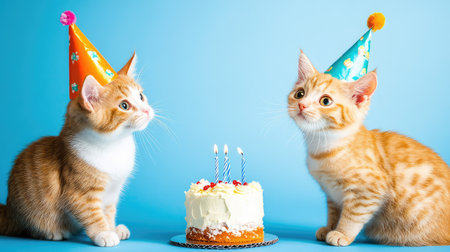 Two cats in colorful birthday hats sit face-to-face with a frosted cake between them, all set against a bright blue background for a festive close-upの素材