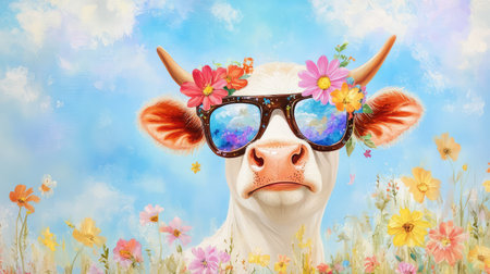 Portrait of a cow wearing shades, radiating charm and whimsy in a fun, unexpected combination that captures attentionの素材