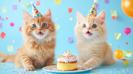 Side-by-side cats in party caps with a small cake between them, celebrating against a vivid blue settingの素材