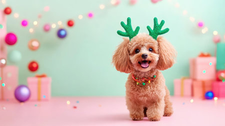 Poodle in playful green reindeer antlers, centered on a minimalist light background for a clean Christmas-themed compositionの素材