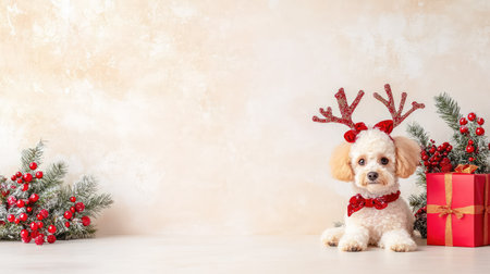 Whimsical Christmas moment with a poodle in antlers, on a plain light background that emphasizes its holiday charmの素材