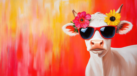 Whimsical cow with sunglasses captured in a playful pose, quirky and bold with a lighthearted feelの素材