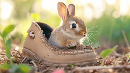 Wildlife meets human artifact as a baby rabbit rests inside a scuffed shoe, surrounded by soft dirt and twigsの素材