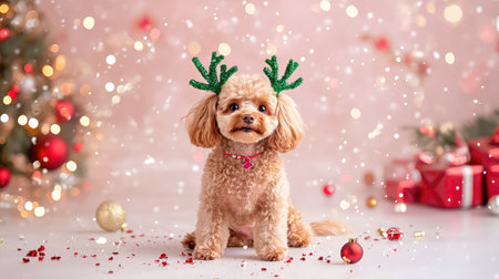 Small ginger poodle in green reindeer antlers sits cheerfully on a light background, a festive scene perfect for holiday-themed pet photographyの素材