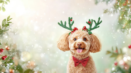 Christmas-ready ginger poodle in green antlers, captured on a pale background with joyful expression and seasonal warmthの素材