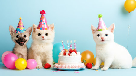 Furry friends in birthday hats with a sweet cake centerpiece, posed perfectly in front of a solid blue backgroundの素材