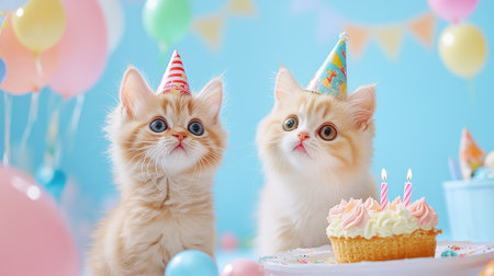 Adorable feline birthday scene with two cats, festive caps, and a small cake, all set in a joyful blue environmentの素材