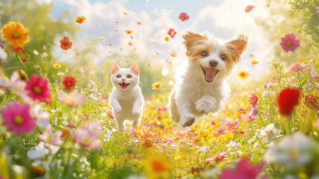 Dog and cat race joyfully through a vibrant flower garden, sunshine and blossoms creating a lively springtime moment of playful companionshipの素材