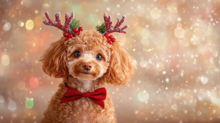 Festive pet portrait of a ginger poodle in reindeer antlers, perfect for holiday cards or winter marketing scenesの素材