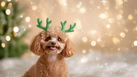 Ginger poodle with green antlers in a studio-lit winter portrait, clean light background for a cheerful seasonal pet photoの素材