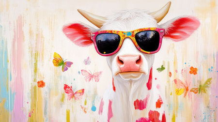 Portrait of a cow wearing shades, radiating charm and whimsy in a fun, unexpected combination that captures attentionの素材