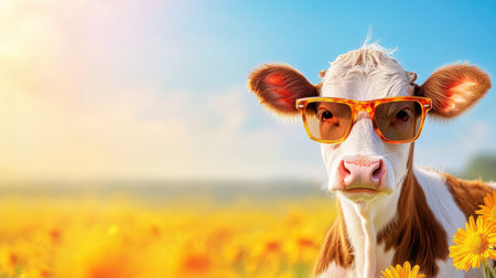 Sunglass-wearing cow strikes a confident pose, merging animal portraiture with fun, standout characterの素材