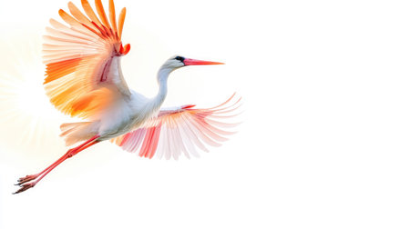 Flying stork spreads its wings against a blank white space, elegant pose and precise feather renderingの素材