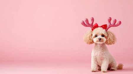 Whimsical Christmas moment with a poodle in antlers, on a plain light background that emphasizes its holiday charmの素材