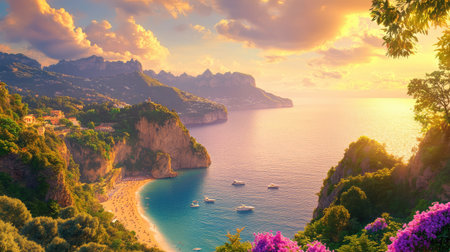 Amalfi's picturesque shoreline under golden sunset sky, cliffs and beaches glowing in warm lightの素材