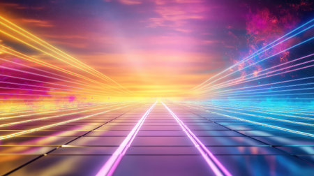 Abstract cyber grid with luminous matrix lines forming futuristic technology terrain, glowing blue and violetの素材