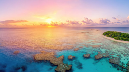 Golden hour casting warm tones over rocky coast, calm waters of Great Barrier Reef creating a serene sceneの素材