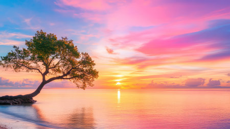 Golden pink sunset behind beach tree silhouette, peaceful coastal scene representing calmness and serenityの素材