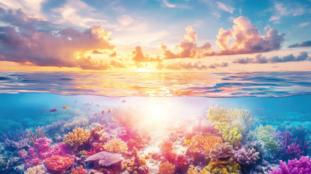 Colorful corals and marine creatures below, with golden hour sky and clouds mirrored on water surface, serene seascapeの素材