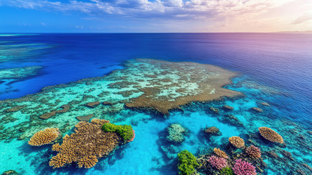 Great Barrier Reef's underwater world meeting blue sky, showcasing nature's harmony in daylightの素材