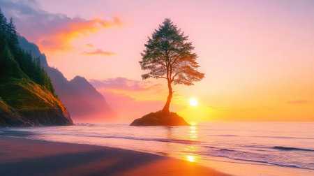 A lone tree silhouette on a quiet island beach under golden hour sunset, symbolizing solitude, meditation, and peaceの素材