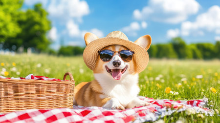 A cheerful corgi in a straw hat and sunglasses relaxes on a picnic blanket under a clear blue sky, radiating summer vibesの素材