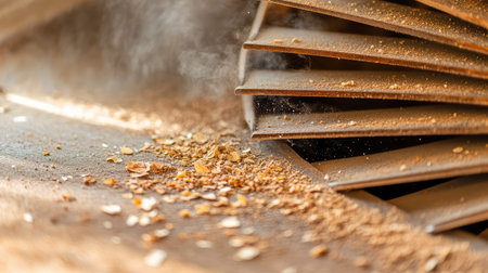 Close-up of a dusty fan blade, showing layers of dirt and debris--highlighting indoor air quality issues and need for regular cleaningの素材