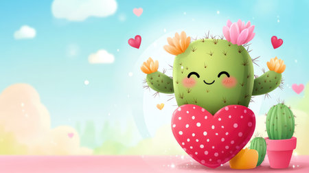 Cartoon cactus with arms raised in joy, nestled in a heart pot with whimsical sky elements and a generous blank area for wordsの素材