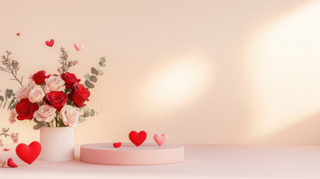 A classic Valentine setup with red roses and hearts beside a bold stage, glowing softly over a beige gradientの素材