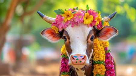 Brightly adorned cow in traditional attire, floral crown and painted horns representing Mattu Pongal festivity and abundanceの素材