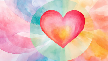 Abstract modern art-style heart in a round border, set on a colorful background with a wide margin for text insertsの素材