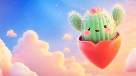 Adorable cactus character in a red heart-shaped planter, floating with dreamy clouds in a clear sky, perfect for greeting textの素材