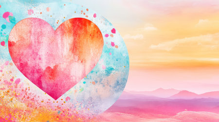 Abstract modern art-style heart in a round border, set on a colorful background with a wide margin for text insertsの素材