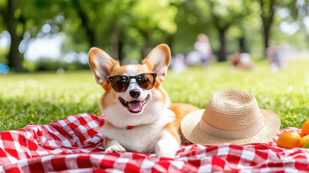 Fun-loving corgi lounges on a red-checkered blanket, straw hat tilted and sunglasses on, enjoying the sunny outdoorsの素材