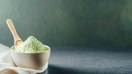 Bowl of powdered matcha on minimalist dark surface, crafted for clean composition with space for health or culinary messagesの素材