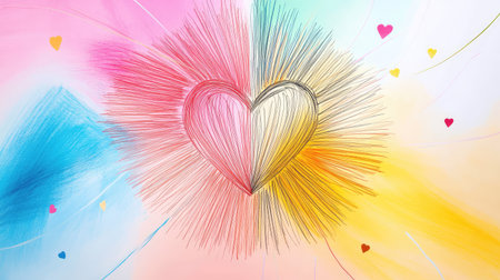 Bold line heart drawing inside a neat circle, featured on a lively multicolor background that allows for centered or side-aligned textの素材
