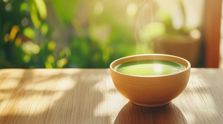 Ground matcha in smooth bowl placed on deep wooden tabletop, natural light highlights texture with open room for textの素材