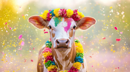 Detailed portrait of a celebratory cow, adorned with garlands and colorful paints, central to Mattu Pongal traditionsの素材