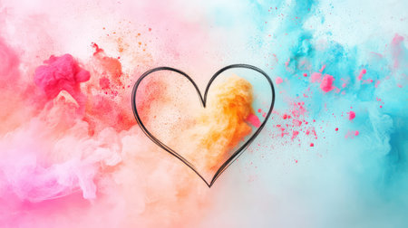 Abstract black line art heart inside a clean circle over an energetic color splash background with clear copy spaceの素材