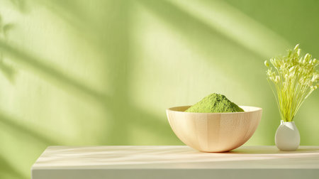 Organic texture of a wooden bowl holding matcha powder, positioned with ample side space for wellness branding or recipesの素材