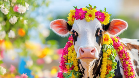 Decorated cow with intricate designs and floral garlands, symbolizing wealth and celebration for the Mattu Pongal festivalの素材