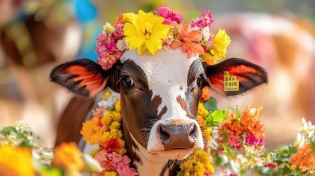 Close-up of a festive cow adorned with colorful flowers and traditional patterns, radiating prosperity during Mattu Pongalの素材