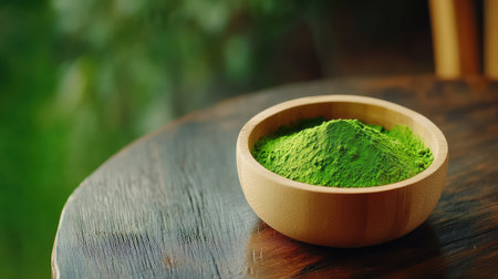 Vibrant green matcha nestled in a round wooden bowl atop a dark wood table, moody tones with clean compositionの素材