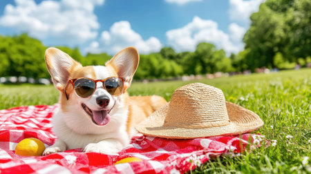 Fun-loving corgi lounges on a red-checkered blanket, straw hat tilted and sunglasses on, enjoying the sunny outdoorsの素材