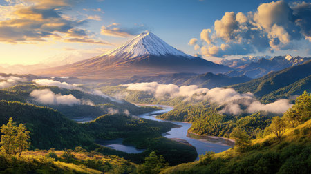 Mount Fuji snowy peak overlooks clouded valleys and winding rivers, captured in high-resolution 3Dの素材