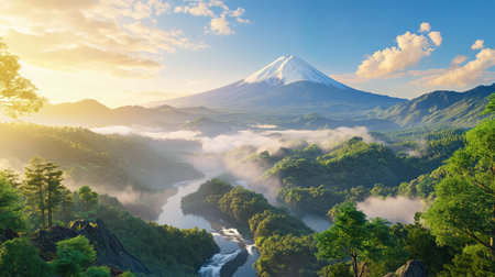 Mist weaves through the valleys around photorealistic Mount Fuji, while rivers shimmer below in a tranquil 3D sceneの素材